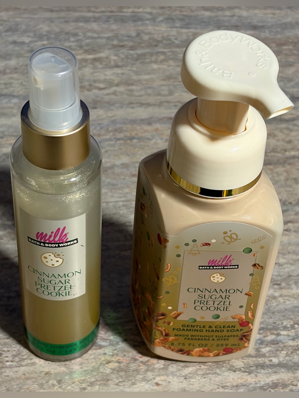 Bath & Body Works Milk Cinnamon Sugar Pretzel Cookie Soap & Diamond Shimmer Mist